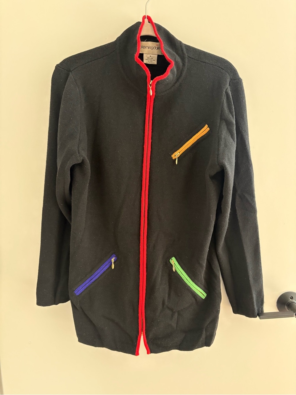 VNTG 80s Bloomingdales Black Wool Zip Sweater Rainbow Retro Pockets Hong Kong